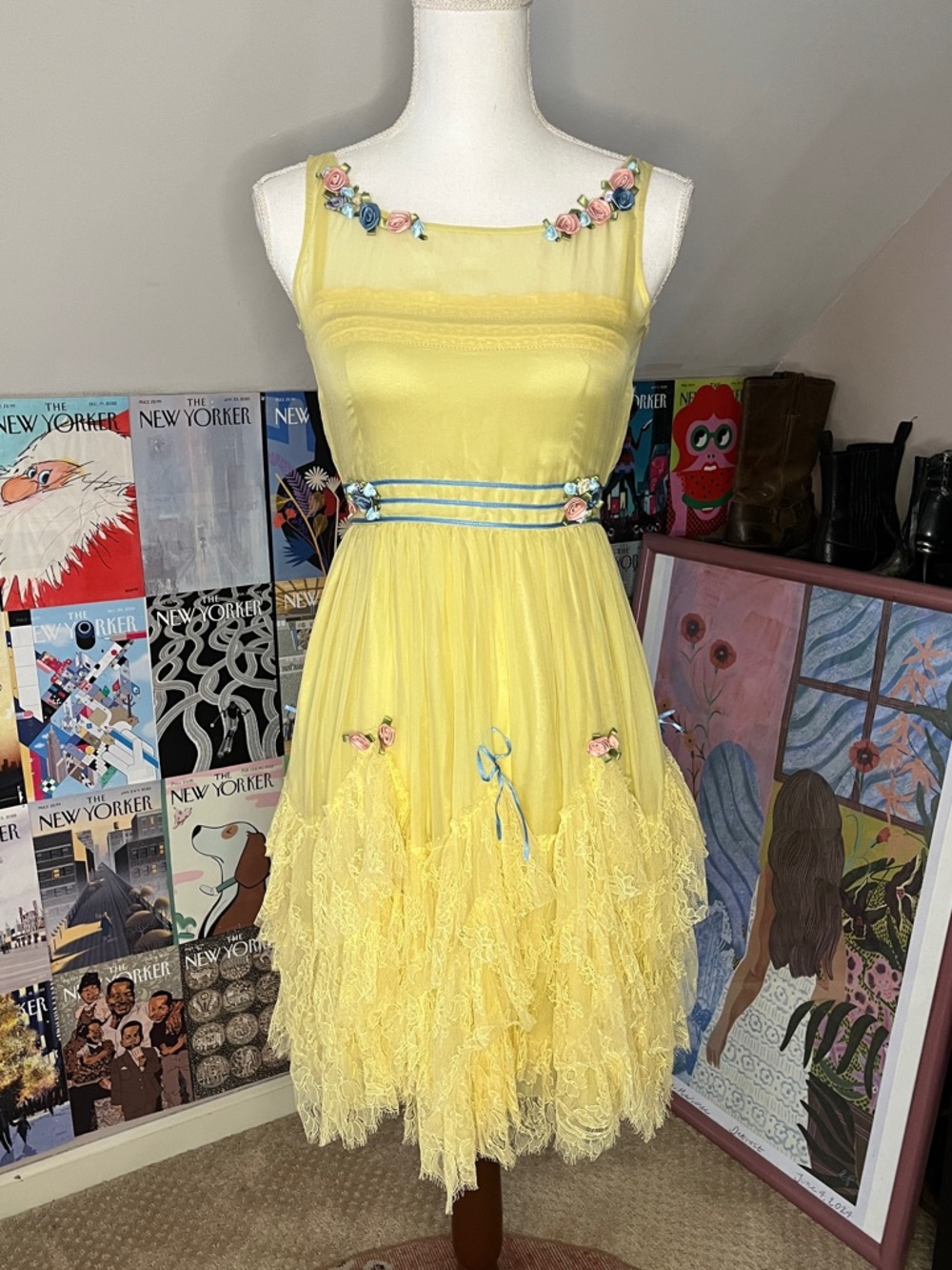 Jill Stuart Pale Yellow Silk Coquette Floral Mini Dress
